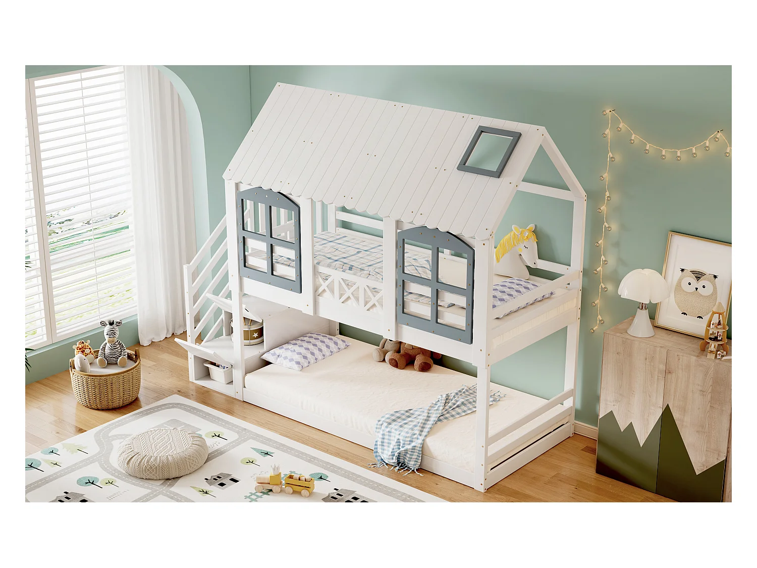 Etagenbett, Kinderbett, Kinderbett mit Dach und Fenster, mit Fallschutzgitter