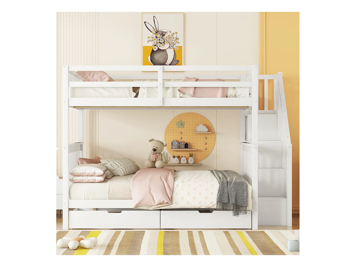 140*200cm Etagenbett, Treppenregal, ausgestattet mit zwei Schubladen, hohe Geländer