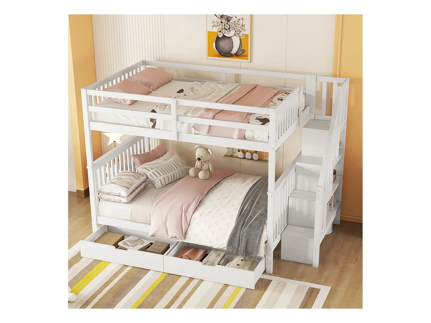 140*200cm Etagenbett, Treppenregal, ausgestattet mit zwei Schubladen, hohe Geländer