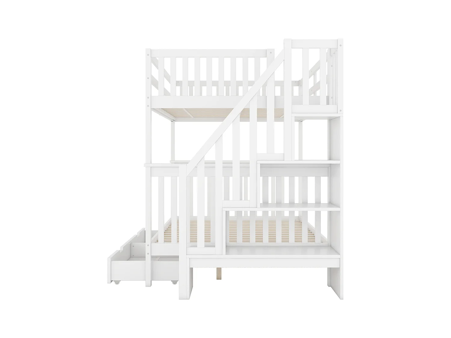 140*200cm Etagenbett, Treppenregal, ausgestattet mit zwei Schubladen, hohe Geländer