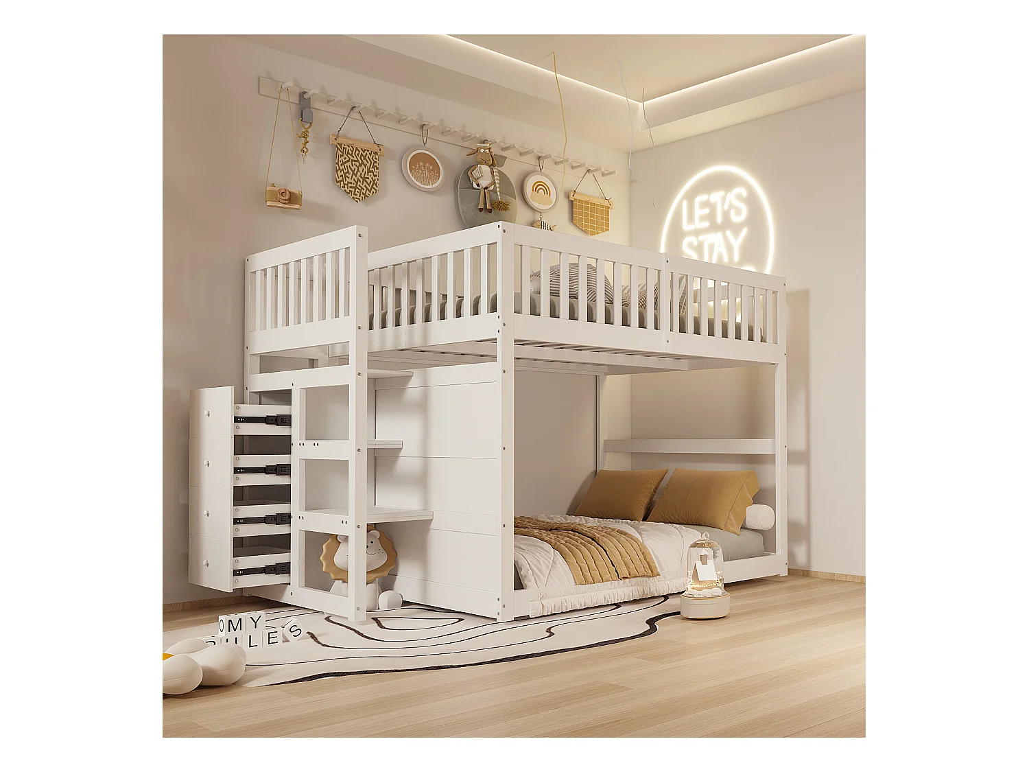 Niedriges Etagenbett140 x 200 cm, Sicherheits-Etagenbett mit Staufach, hohes Zaun-Design