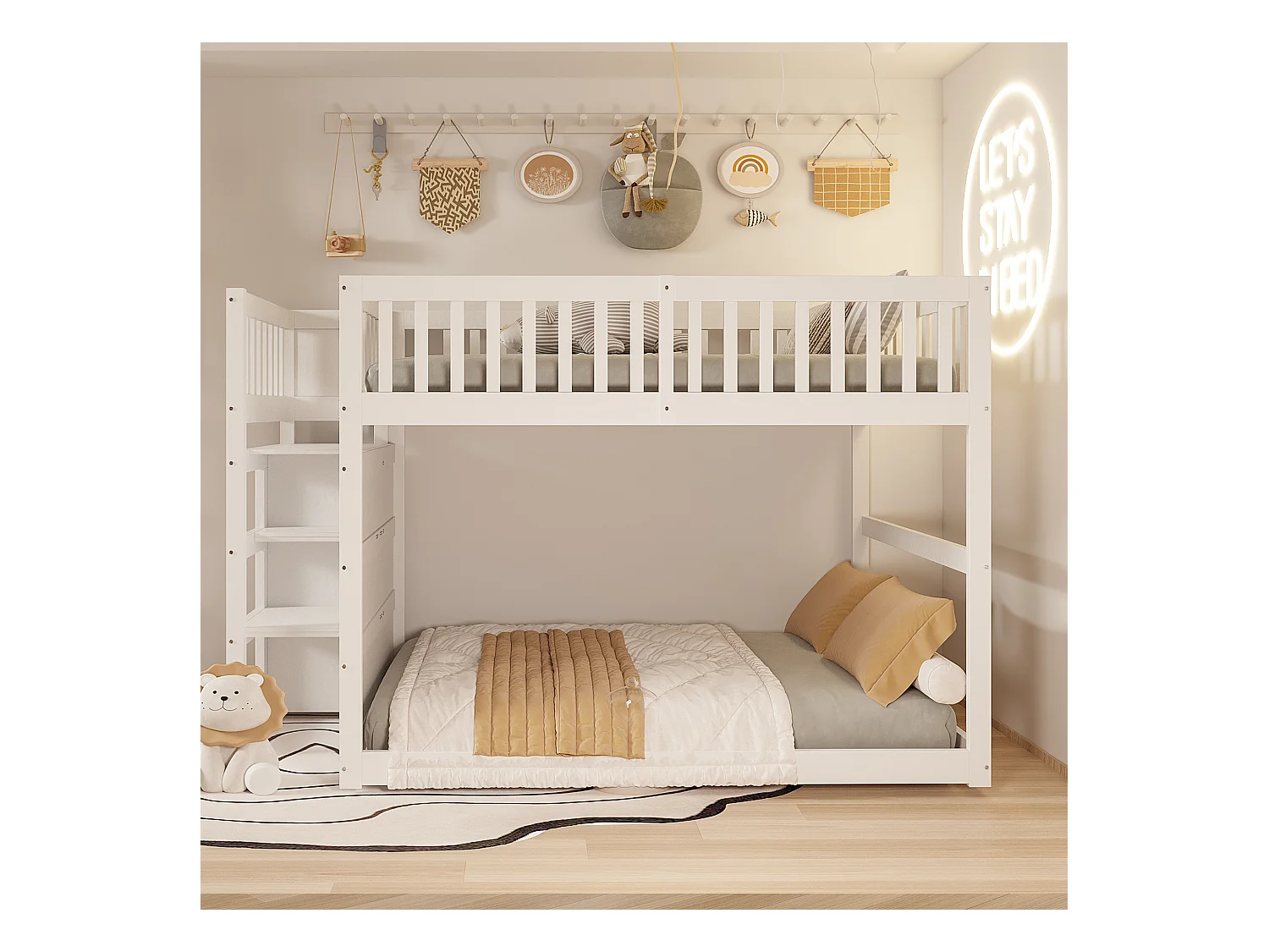 Niedriges Etagenbett140 x 200 cm, Sicherheits-Etagenbett mit Staufach, hohes Zaun-Design