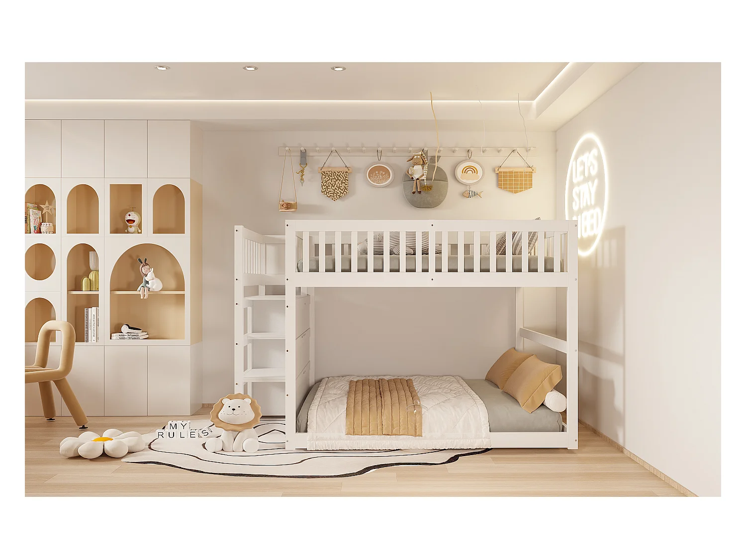 Niedriges Etagenbett140 x 200 cm, Sicherheits-Etagenbett mit Staufach, hohes Zaun-Design