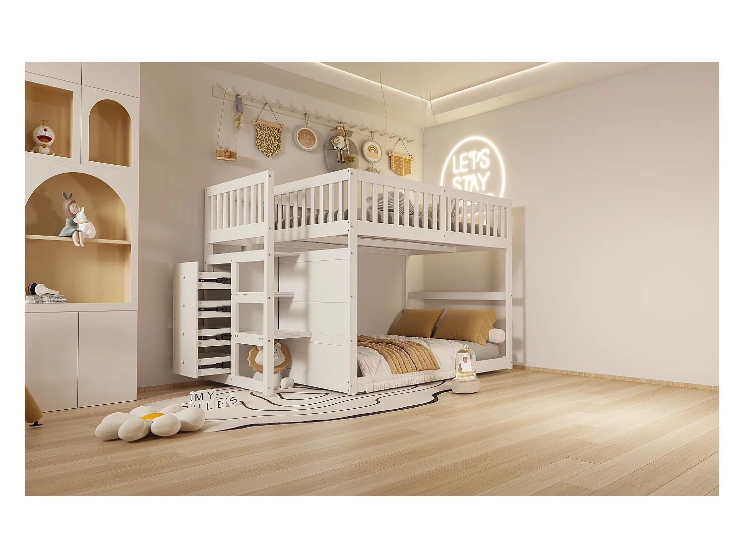 Niedriges Etagenbett140 x 200 cm, Sicherheits-Etagenbett mit Staufach, hohes Zaun-Design