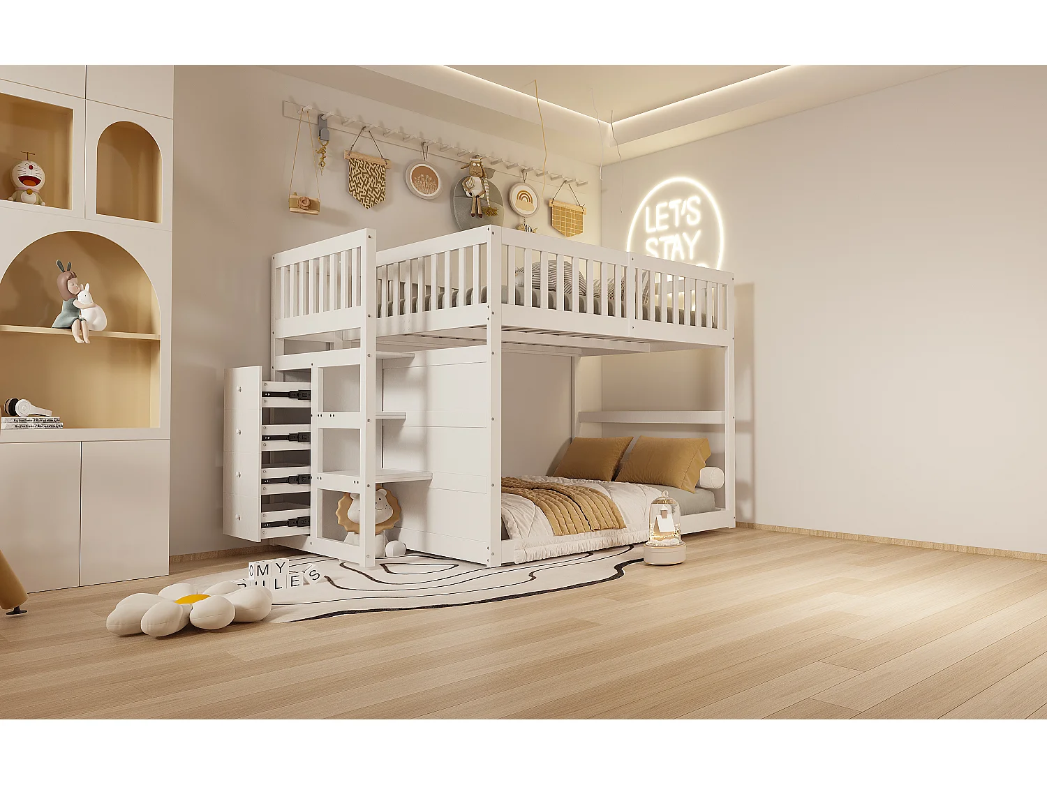 Beliche baixo 140 x 200 cm, beliche seguro com compartimento de arrumação