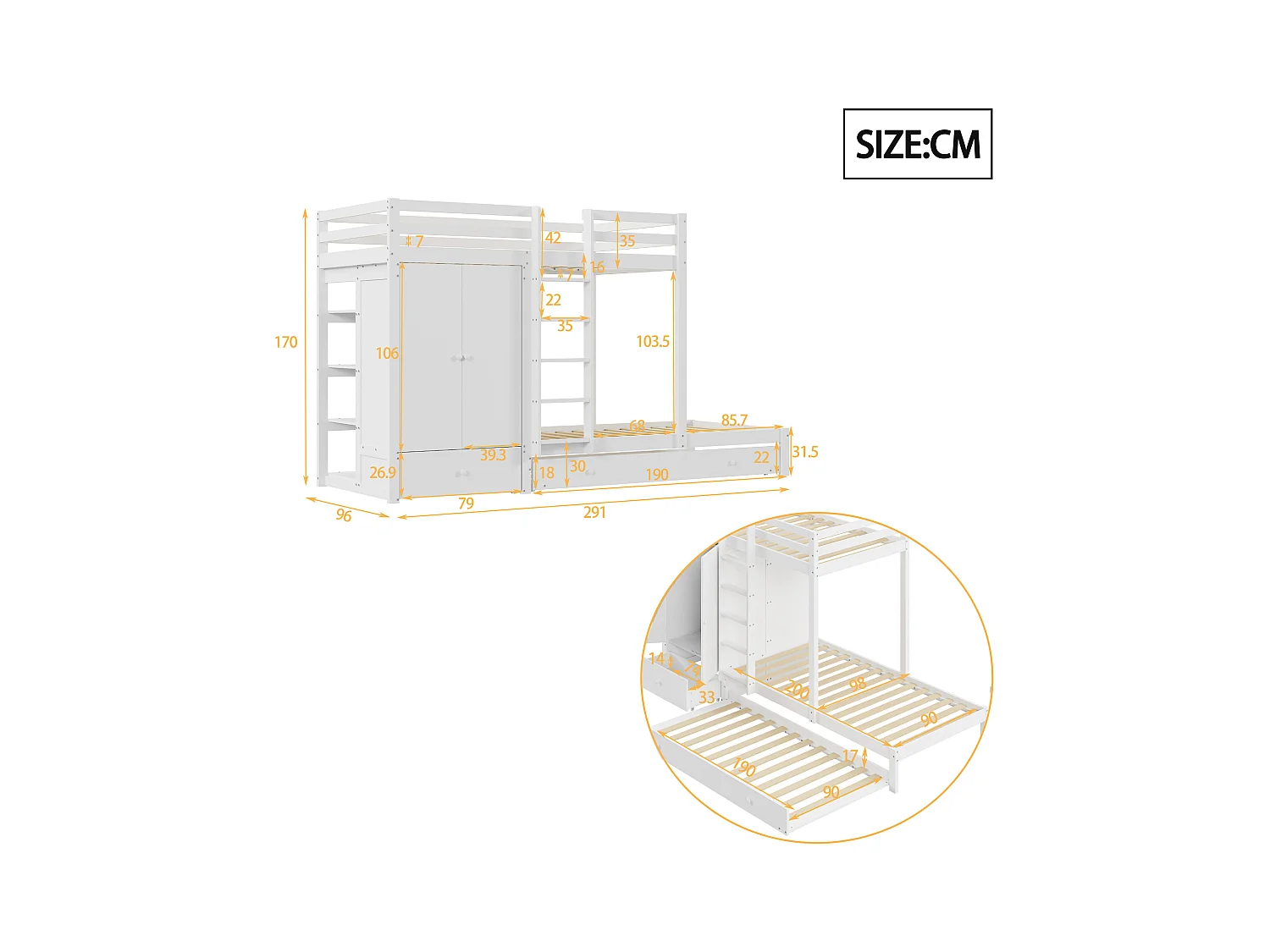 Etagenbett aus Massivholz 90*200 mit Ausziehbett, multifunktionales Kinderbett