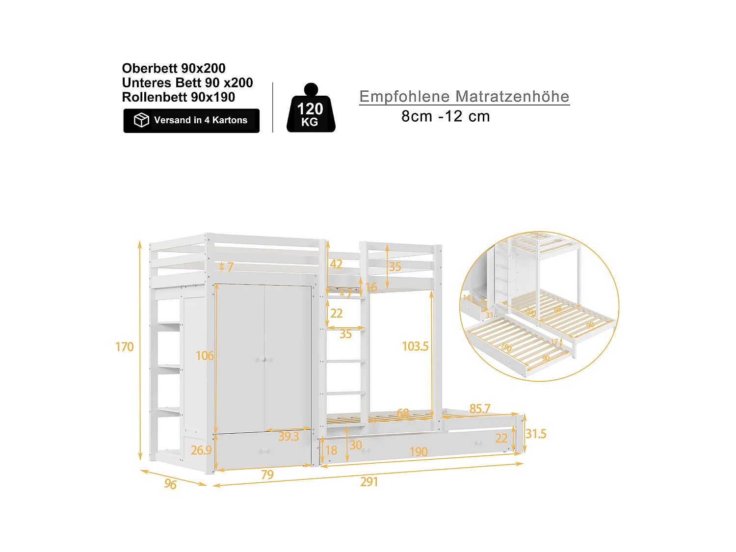 Etagenbett aus Massivholz 90*200 mit Ausziehbett, multifunktionales Kinderbett