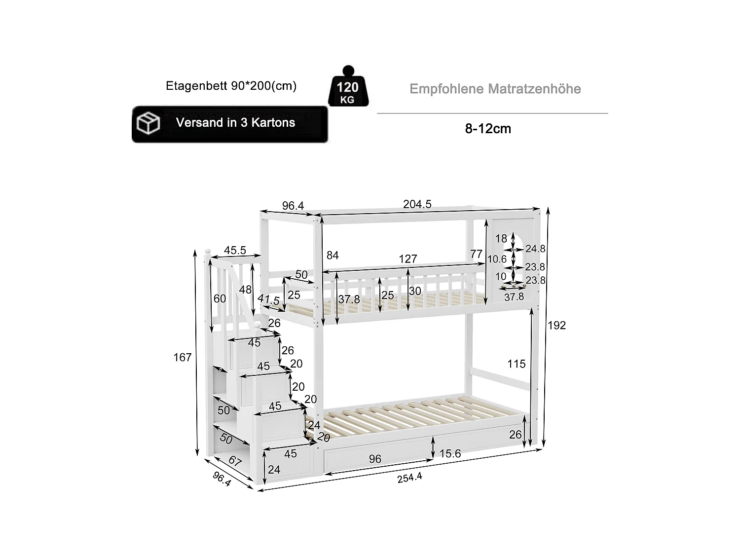 Etagenbett Kinderbett 90*200cm, Massivholz Doppelbett, Hausform mit Fenstern