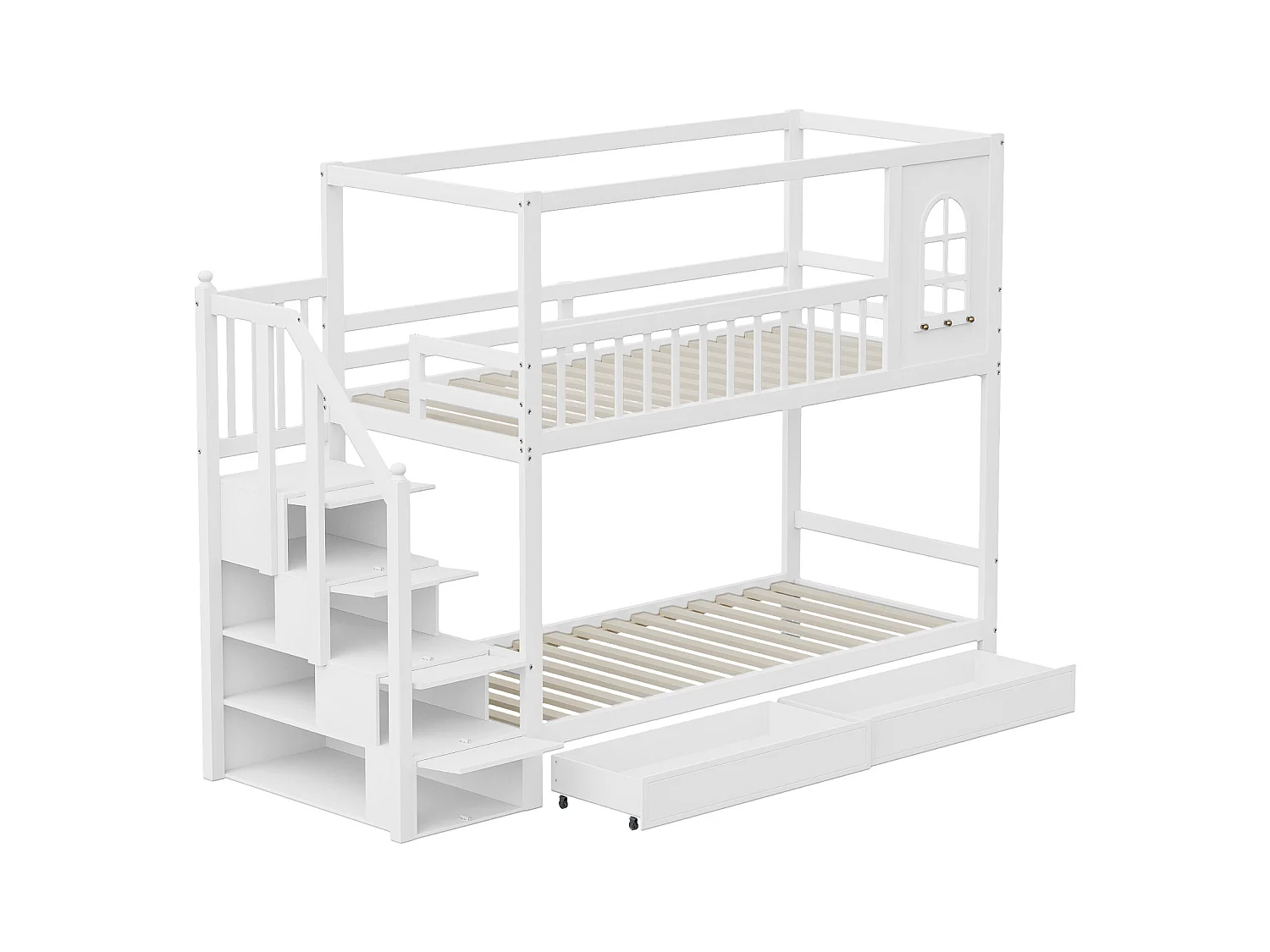 Etagenbett Kinderbett 90*200cm, Massivholz Doppelbett, Hausform mit Fenstern