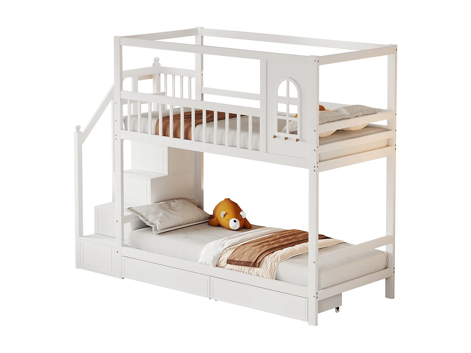 Litera infantil, 90 x 200 cm, cama doble de madera maciza, con forma de casita y ventanas