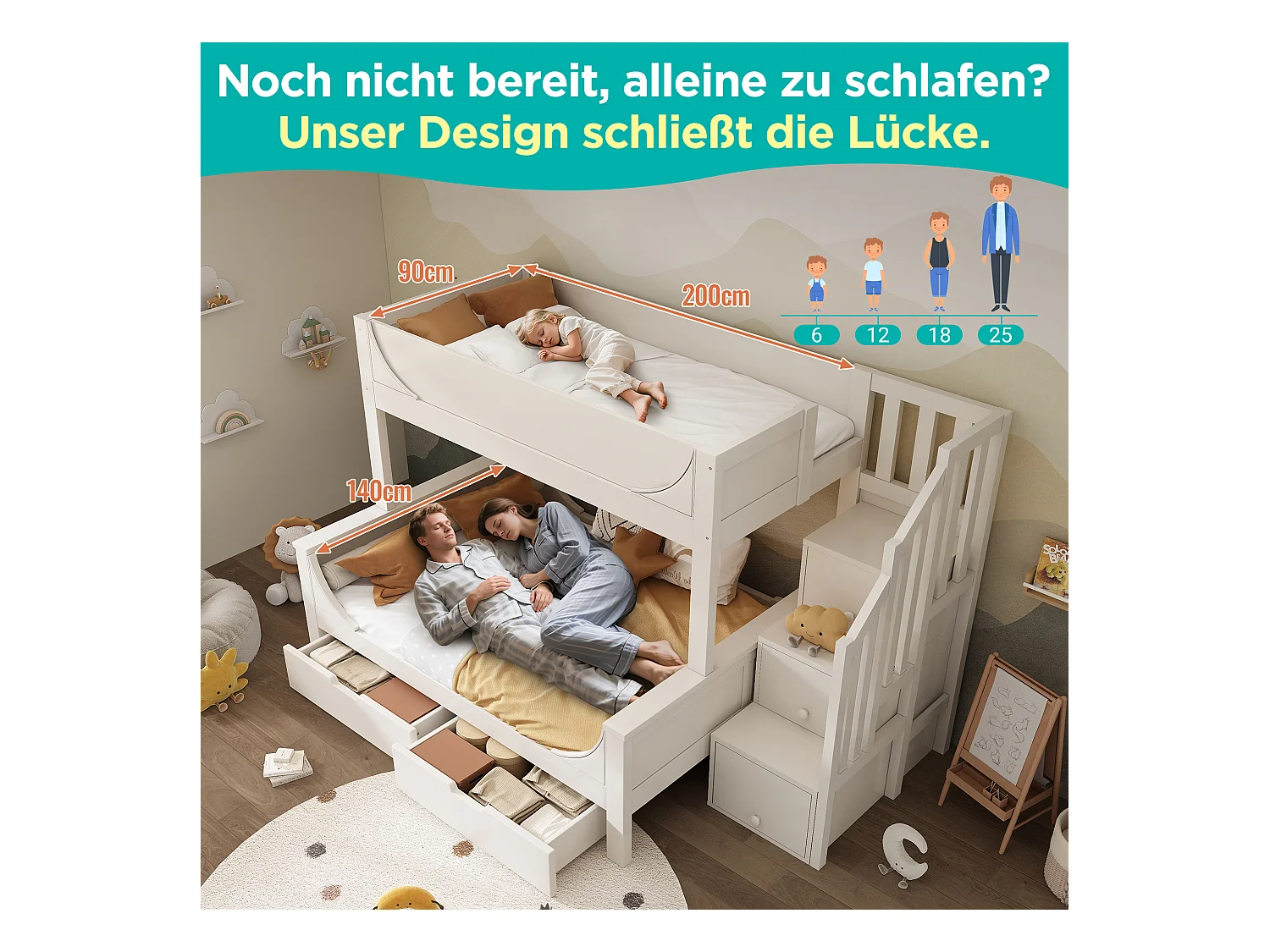 Kinderbett Etagenbett mit Leiterschrank & Schubladen,Holzbett mit Rausfallschutz