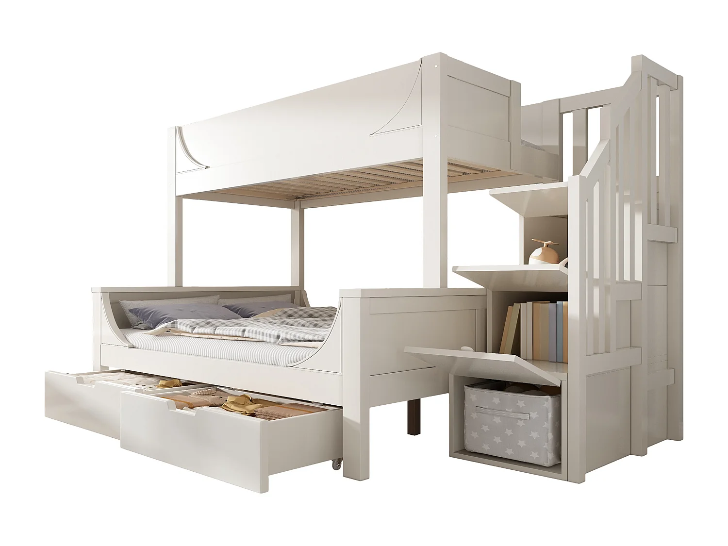 Beliche infantil com escada, roupeiro e gavetas; design elegante em formato de trenó