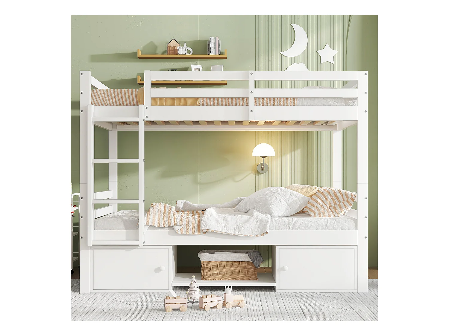 Letto a castello per bambini con scarpiera e armadietti