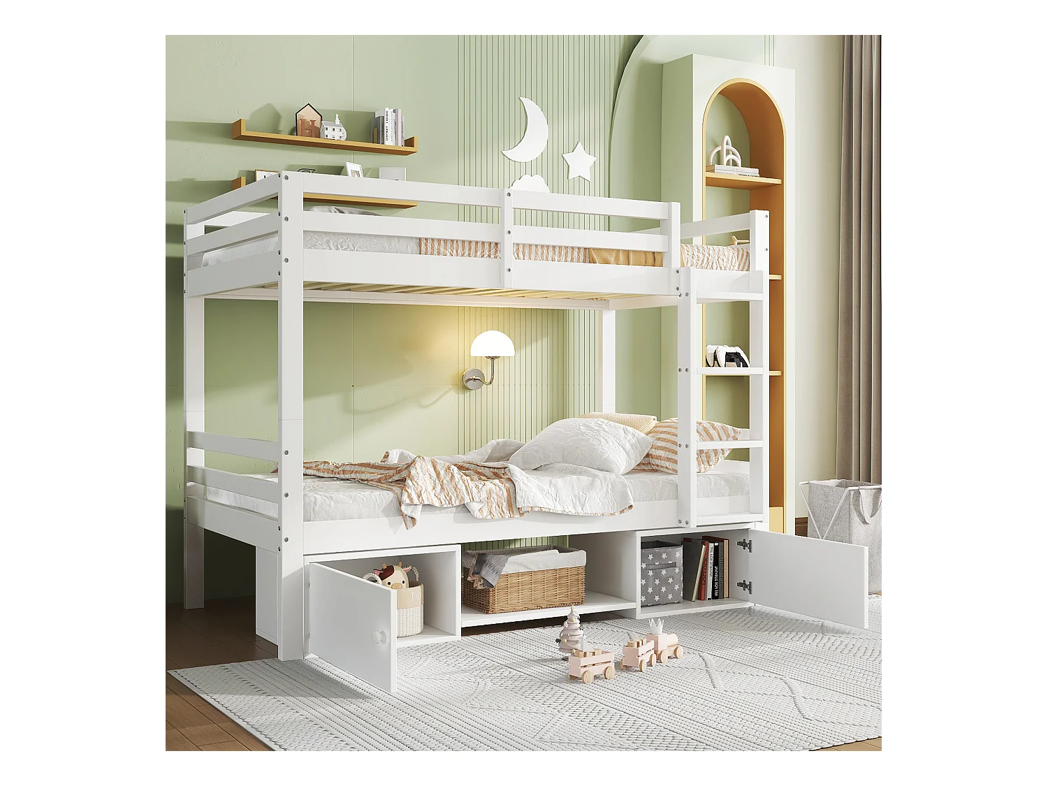 Letto a castello per bambini con scarpiera e armadietti