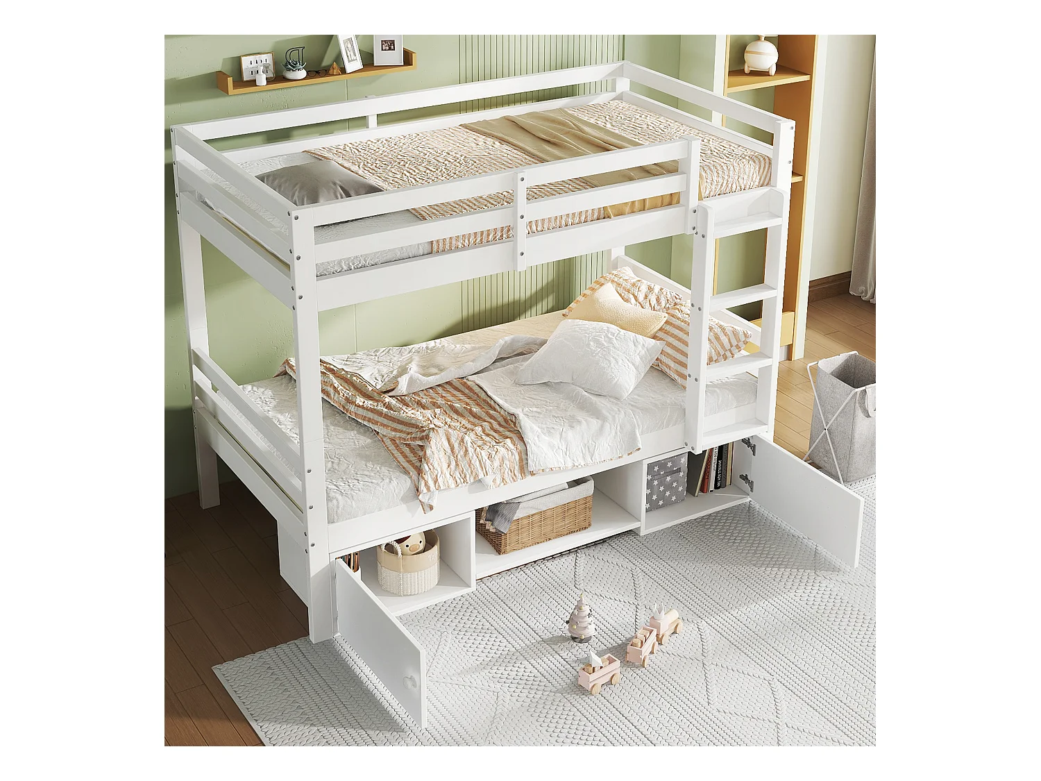 Letto a castello per bambini con scarpiera e armadietti