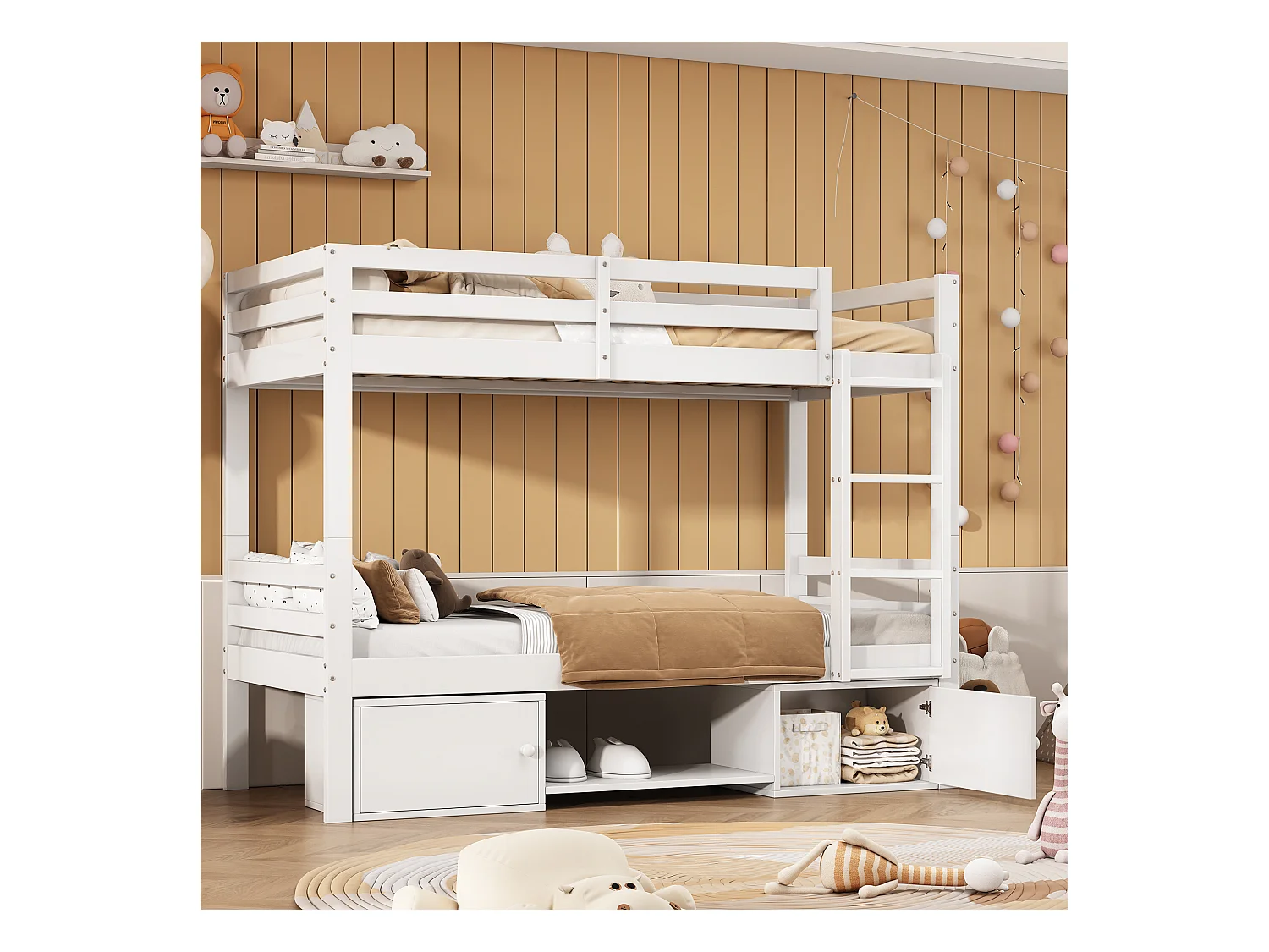 Letto a castello per bambini con scarpiera e armadietti