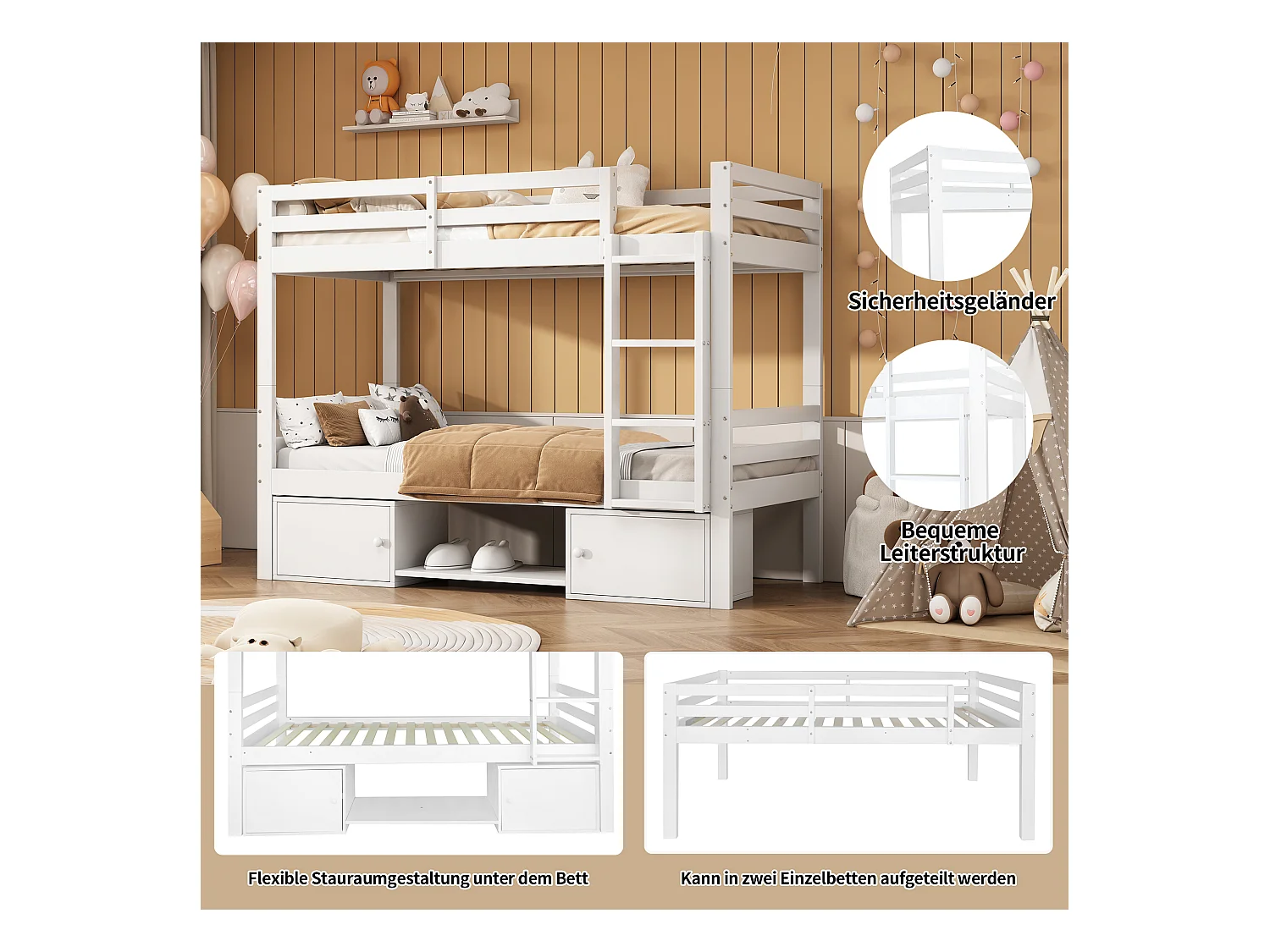 Letto a castello per bambini con scarpiera e armadietti