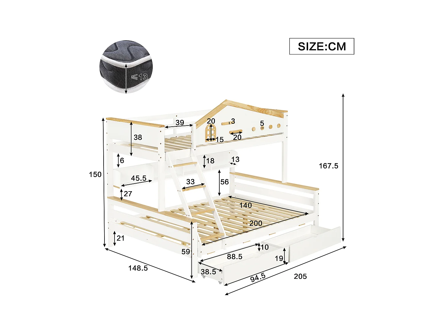 Etagenbett, Kinderbett, mit farblich abgesetztem Fallschutzgitter, Zwei Schubladen