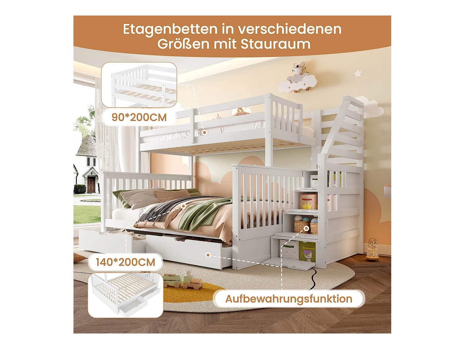 Beliche 90 x 200 cm + 140 x 200 cm com gavetas e espaço para arrumação