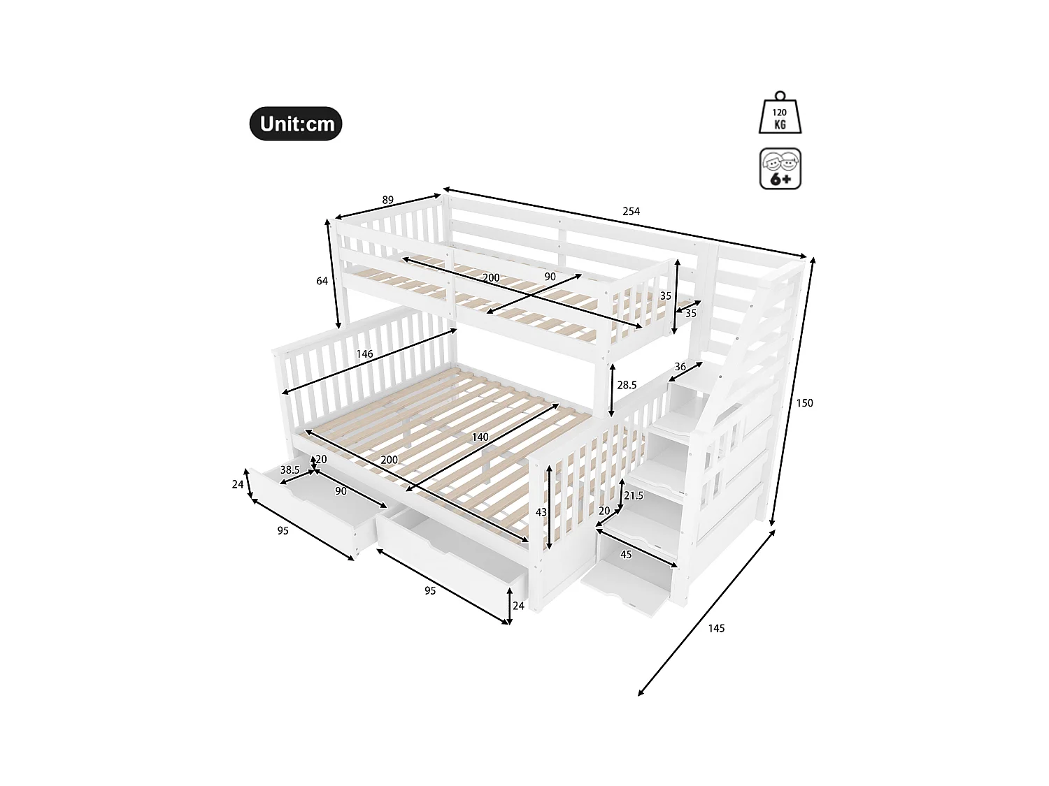 Beliche 90 x 200 cm + 140 x 200 cm com gavetas e espaço para arrumação