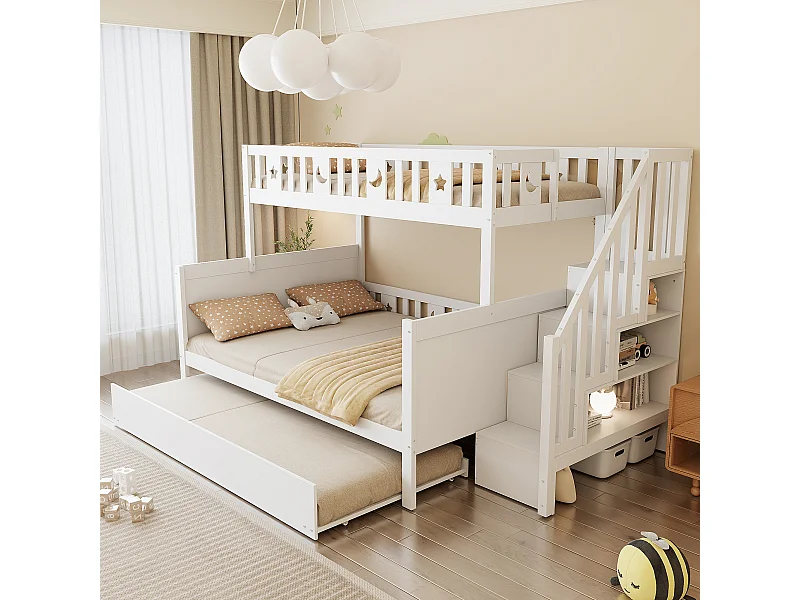 Kinderbett 90*200/140*200cm, Etagenbett aus Massivholz mit Sicherheitstreppe