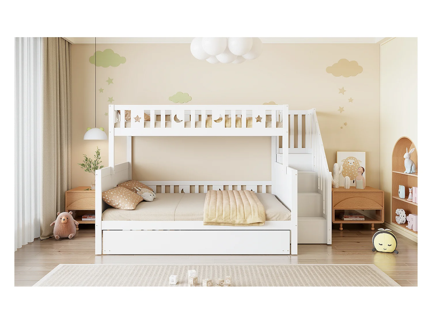 Kinderbett 90*200/140*200cm, Etagenbett aus Massivholz mit Sicherheitstreppe