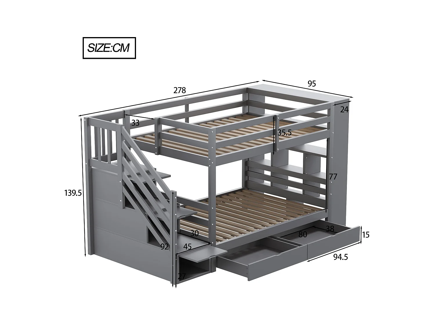 Etagenbett 90*200 cm, Sicherheitstreppe mit Staufächern, Stauraumschubladen