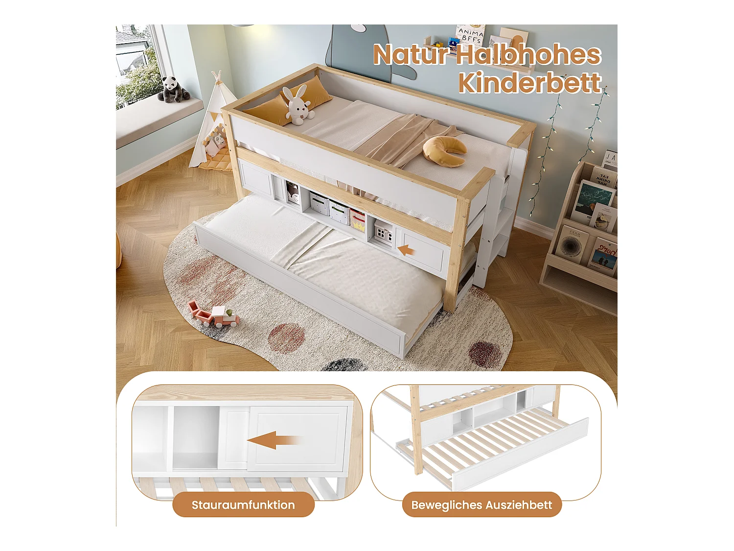 Halbhohes Bett, 90x200cm, Bett mit ausziehbarem Bett,Kinderbett,Mehrere Ablagefächer