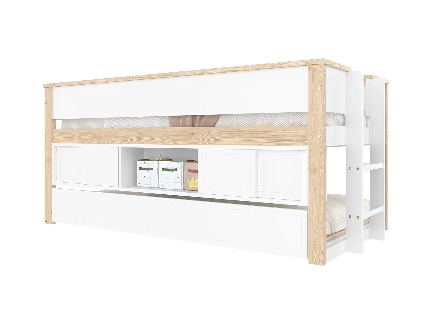 Halbhohes Bett, 90x200cm, Bett mit ausziehbarem Bett,Kinderbett,Mehrere Ablagefächer