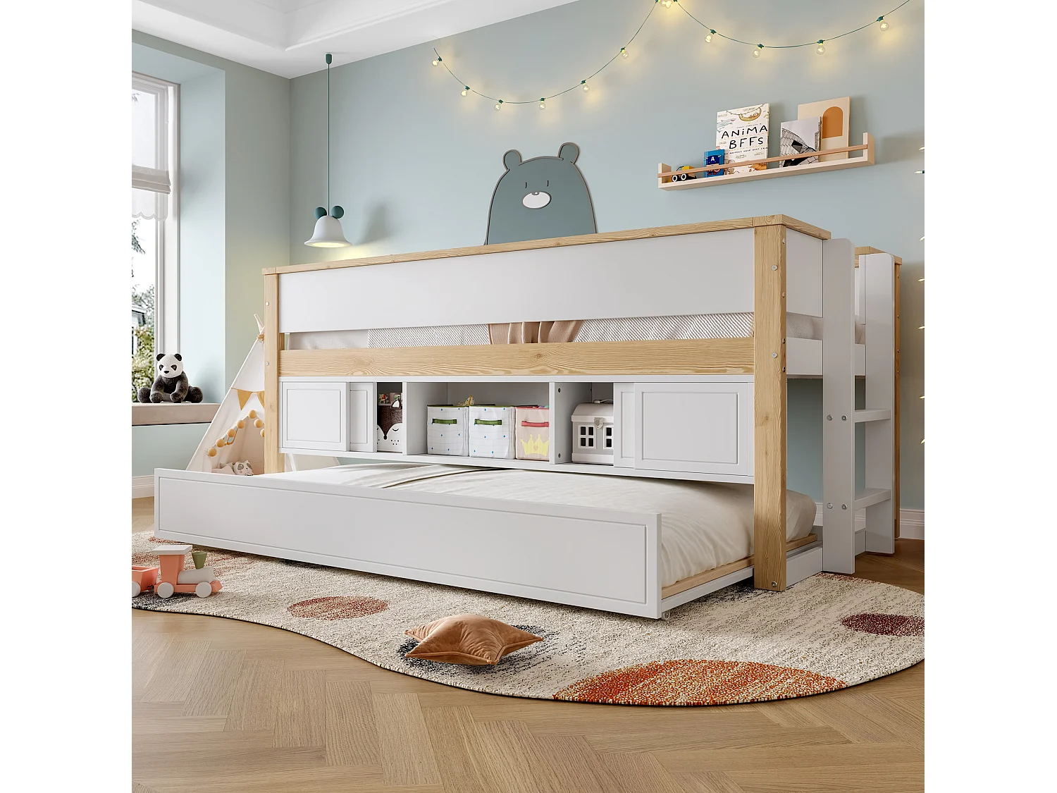 Halbhohes Bett, 90x200cm, Bett mit ausziehbarem Bett,Kinderbett,Mehrere Ablagefächer