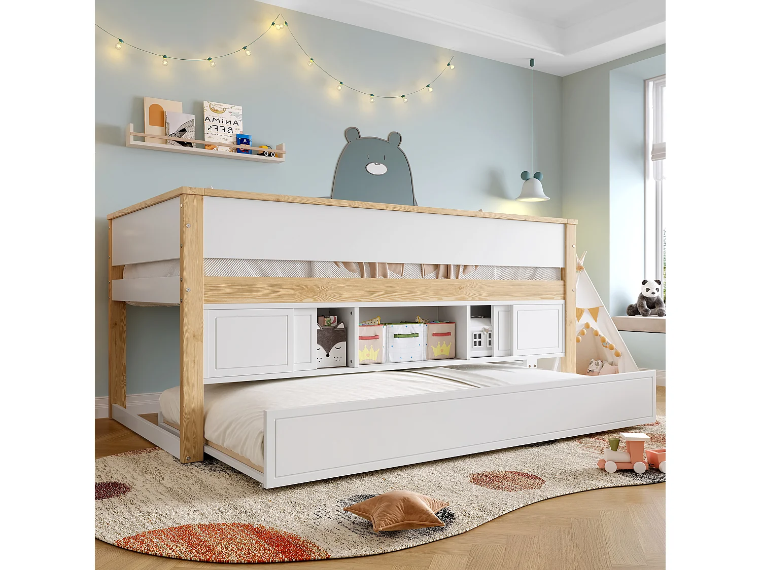 Halbhohes Bett, 90x200cm, Bett mit ausziehbarem Bett,Kinderbett,Mehrere Ablagefächer