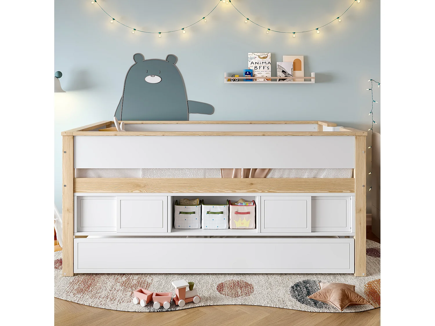Halbhohes Bett, 90x200cm, Bett mit ausziehbarem Bett,Kinderbett,Mehrere Ablagefächer