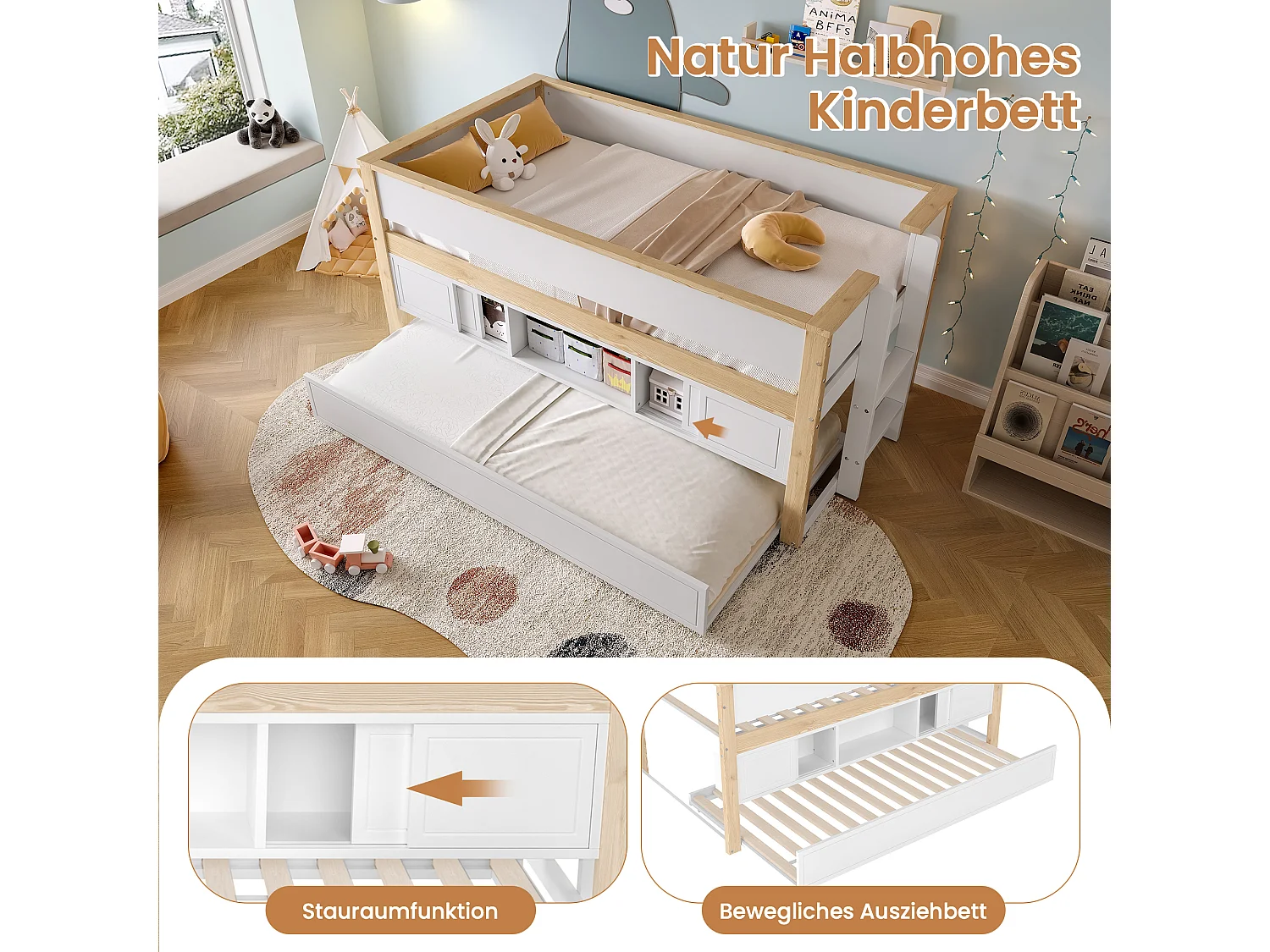 Halbhohes Bett, 90x200cm, Bett mit ausziehbarem Bett,Kinderbett,Mehrere Ablagefächer