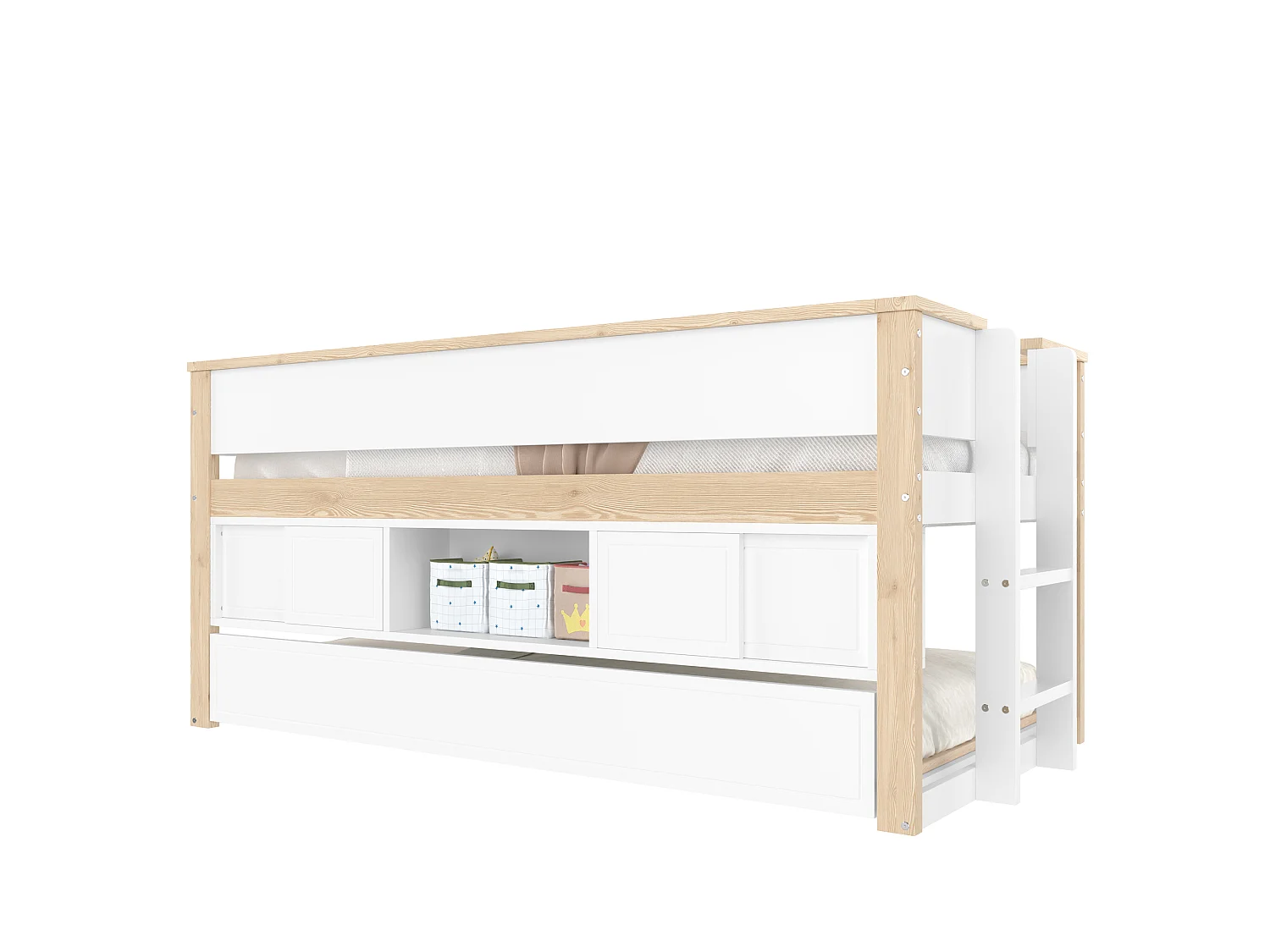 Halbhohes Bett, 90x200cm, Bett mit ausziehbarem Bett,Kinderbett,Mehrere Ablagefächer