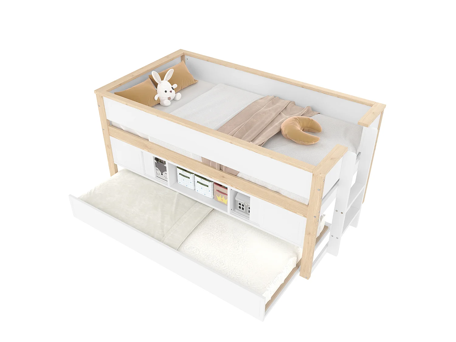 Halbhohes Bett, 90x200cm, Bett mit ausziehbarem Bett,Kinderbett,Mehrere Ablagefächer