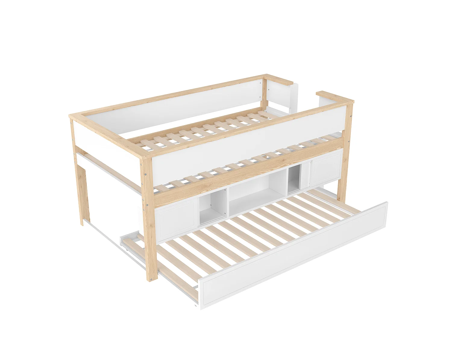 Halbhohes Bett, 90x200cm, Bett mit ausziehbarem Bett,Kinderbett,Mehrere Ablagefächer