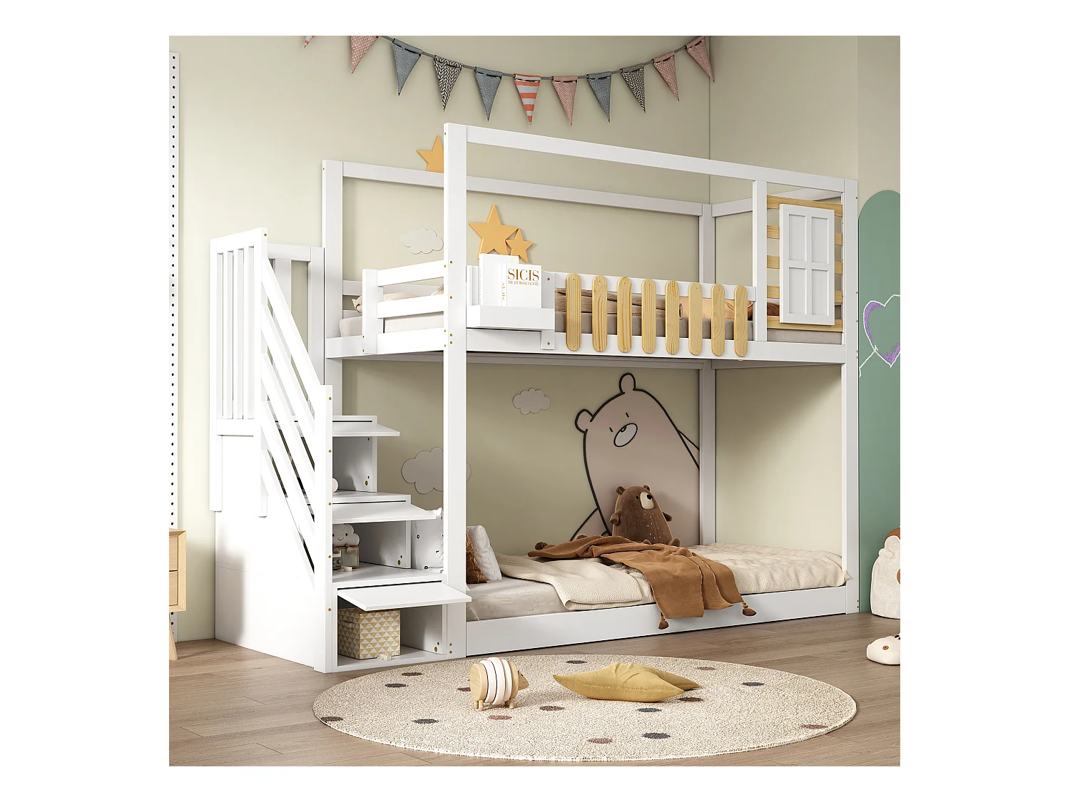 Etagenbett mit Treppe, Fenster und Regalkasten, Rahmen aus massivem Kiefernholz