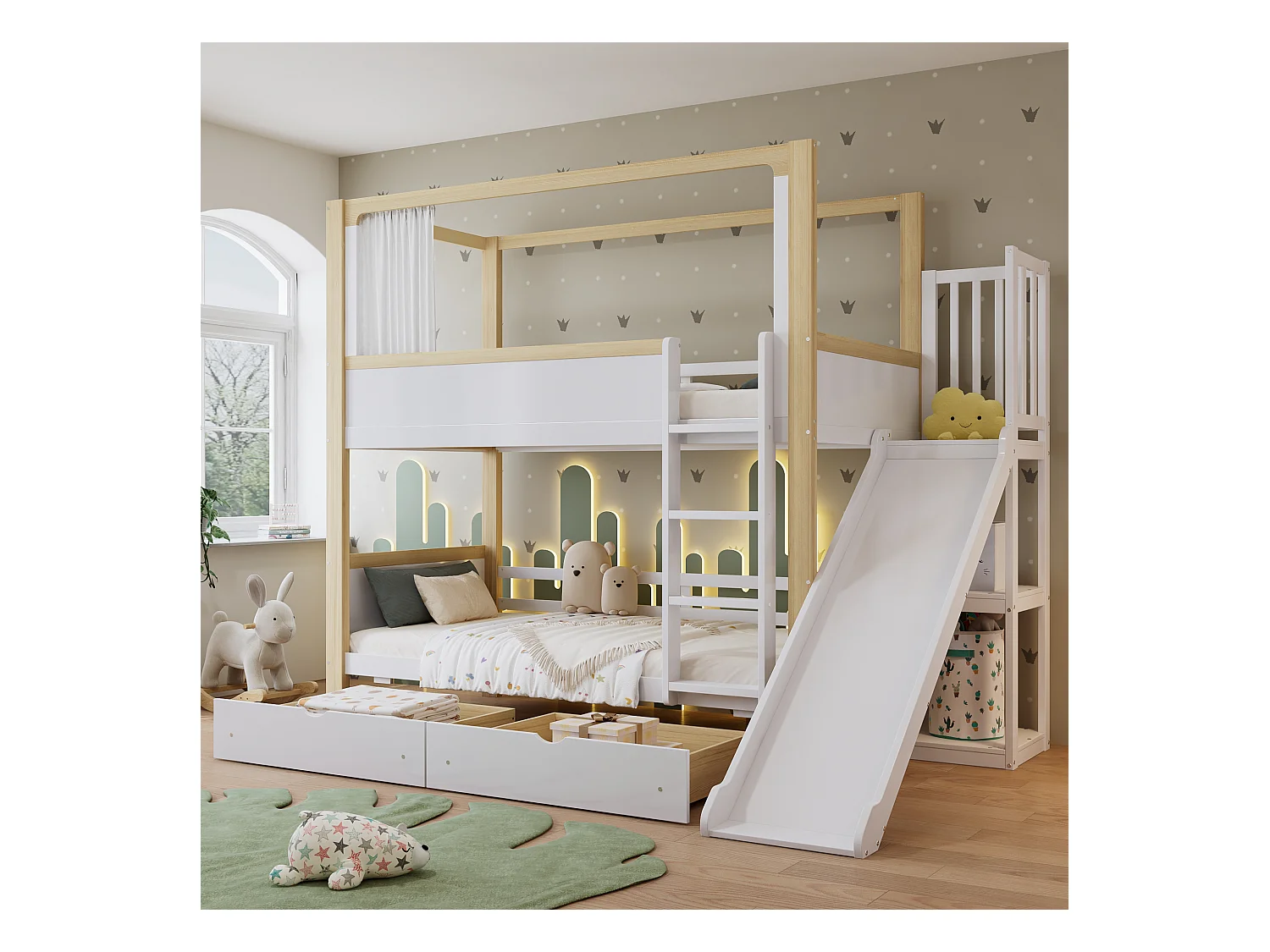 Etagenbett, Kinderbett, Zwei Schubladen mit Rollen, Mit Kinderrutsche, Oberes Bett