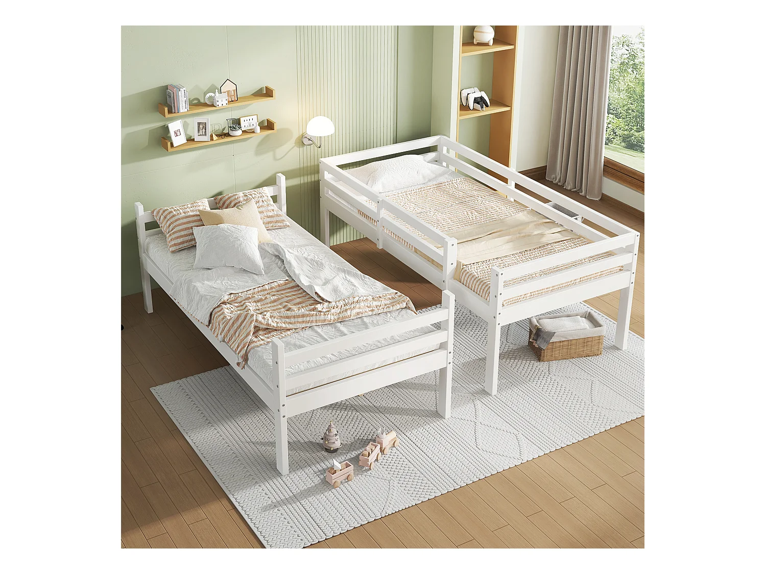 Letto a castello per bambini con scaletta retrattile a tre gradini e sponda di sicurezza