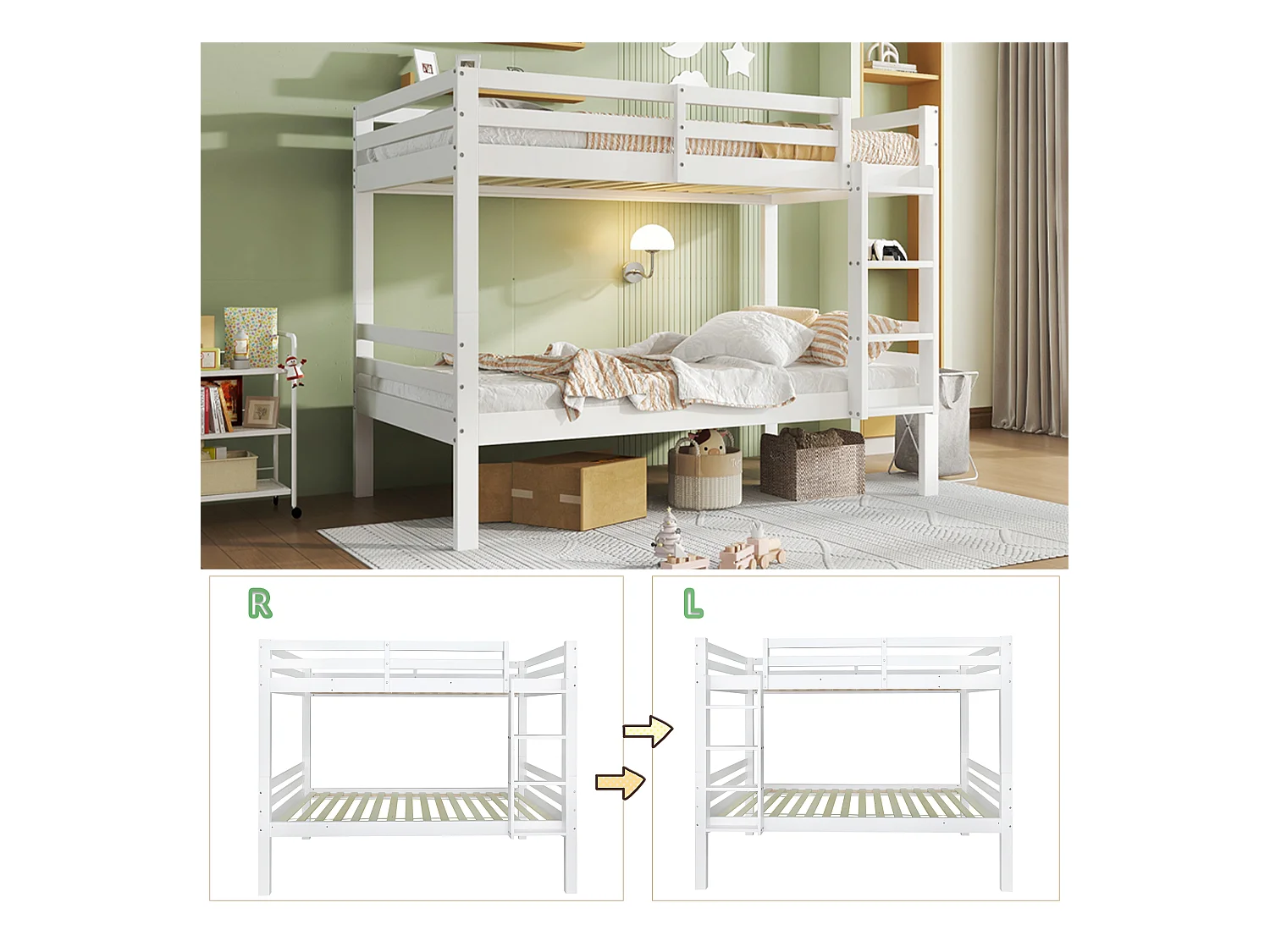 Letto a castello per bambini con scaletta retrattile a tre gradini e sponda di sicurezza