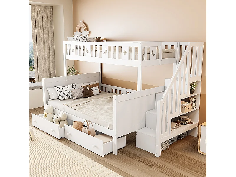 Kinderbett 90*200/140*200cm, Etagenbett aus Massivholz mit Sicherheitstreppe