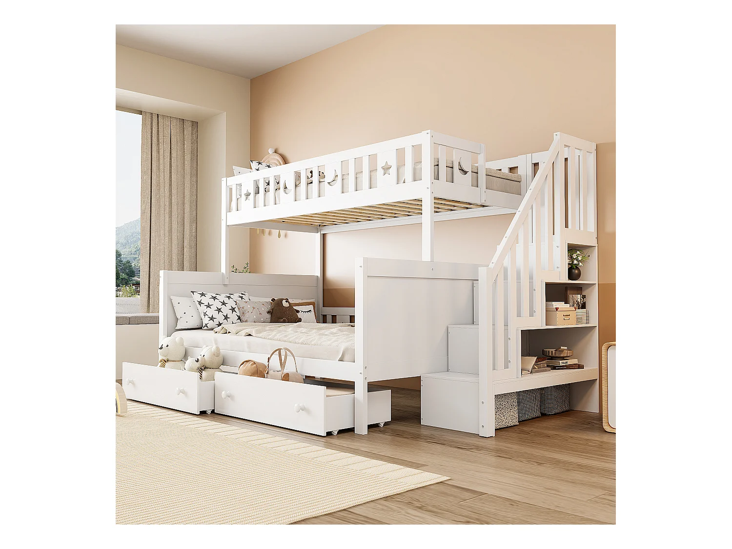 Kinderbett 90*200/140*200cm, Etagenbett aus Massivholz mit Sicherheitstreppe