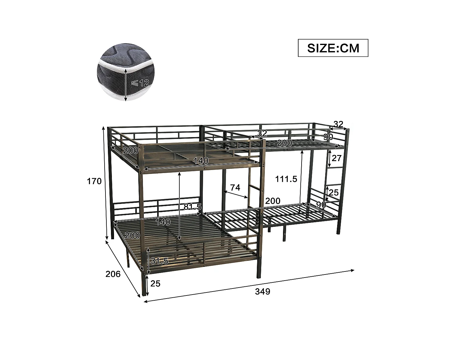 Eisenbett, Etagenbett, Dreistufige Leiter, Stabiler Lattenrost, Mehrbettkonfiguration