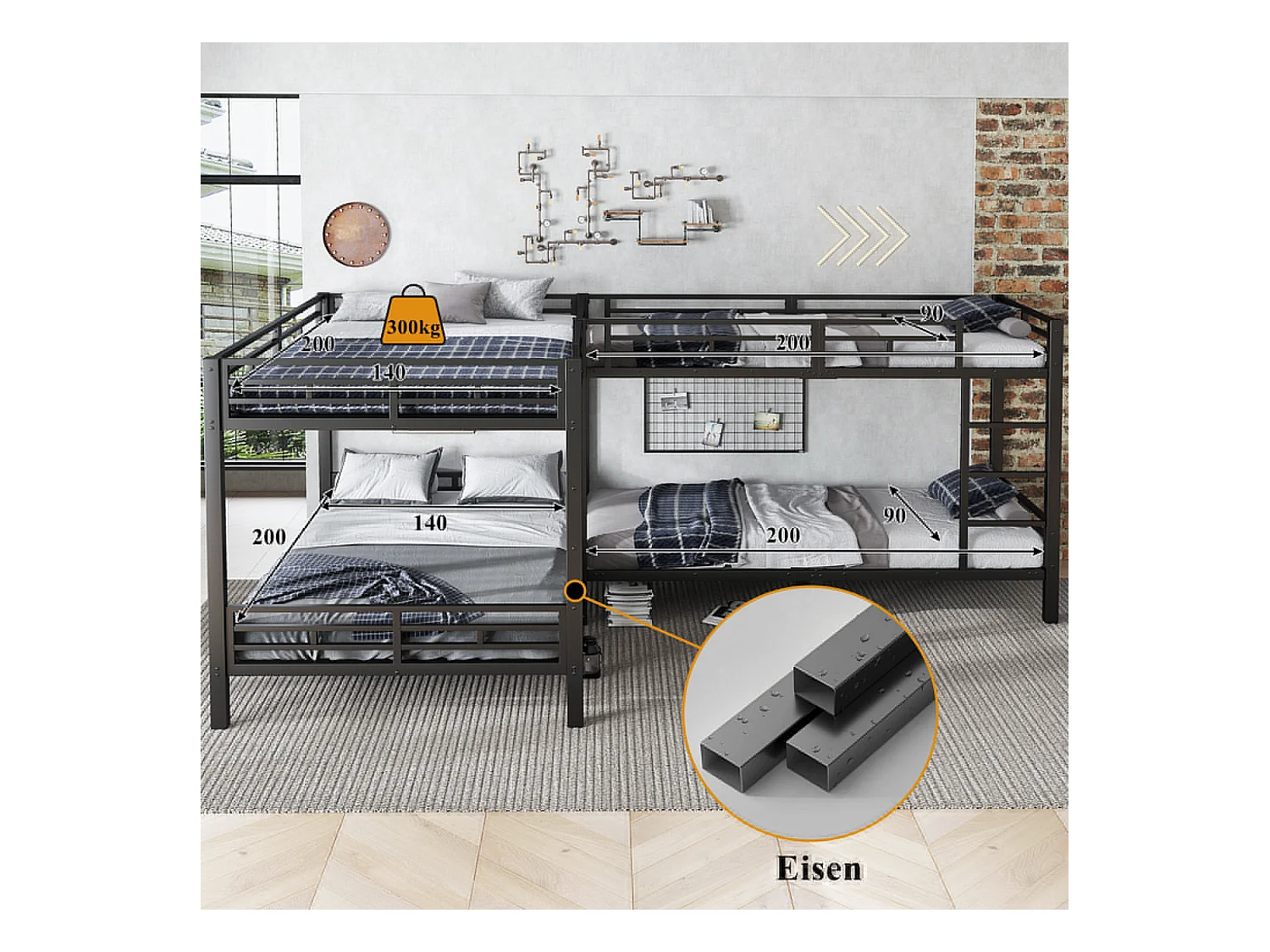 Eisenbett, Etagenbett, Dreistufige Leiter, Stabiler Lattenrost, Mehrbettkonfiguration