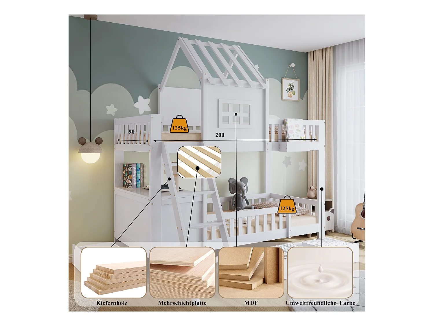 Litera infantil, dos cajones con ruedas, bonito techo y ventana