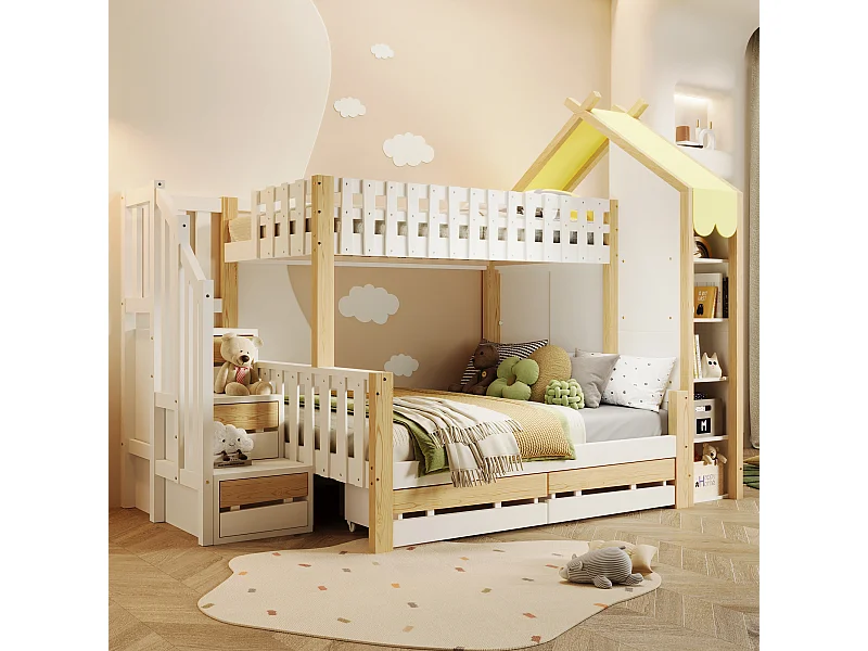 Etagenbett,90x200cm+140x200cm,Bettgitter,Stauraumleiter, Hausleiste, 2 Schubladen