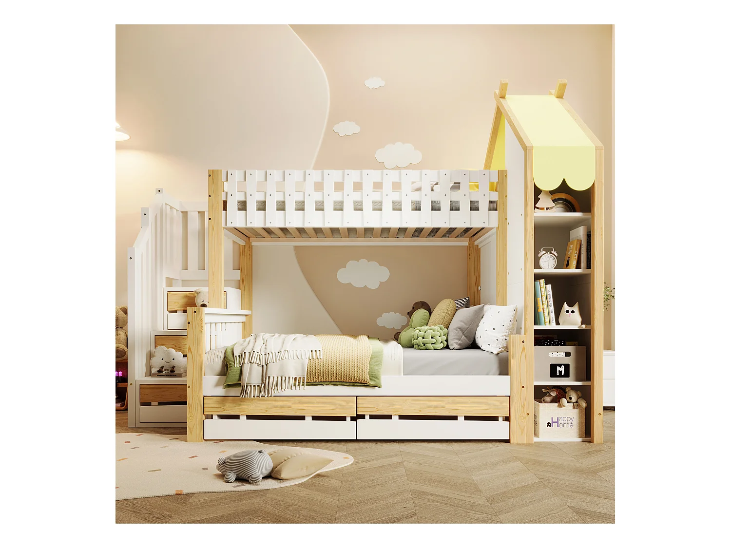 Etagenbett,90x200cm+140x200cm,Bettgitter,Stauraumleiter, Hausleiste, 2 Schubladen