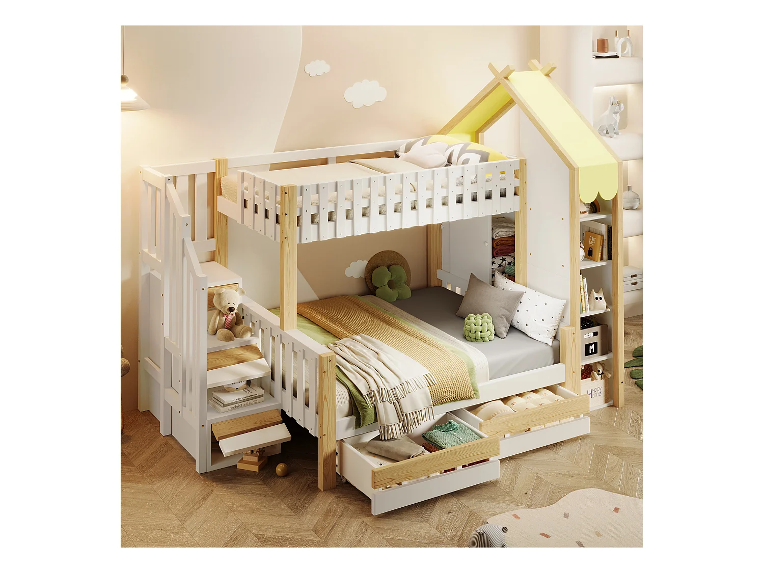 Etagenbett,90x200cm+140x200cm,Bettgitter,Stauraumleiter, Hausleiste, 2 Schubladen