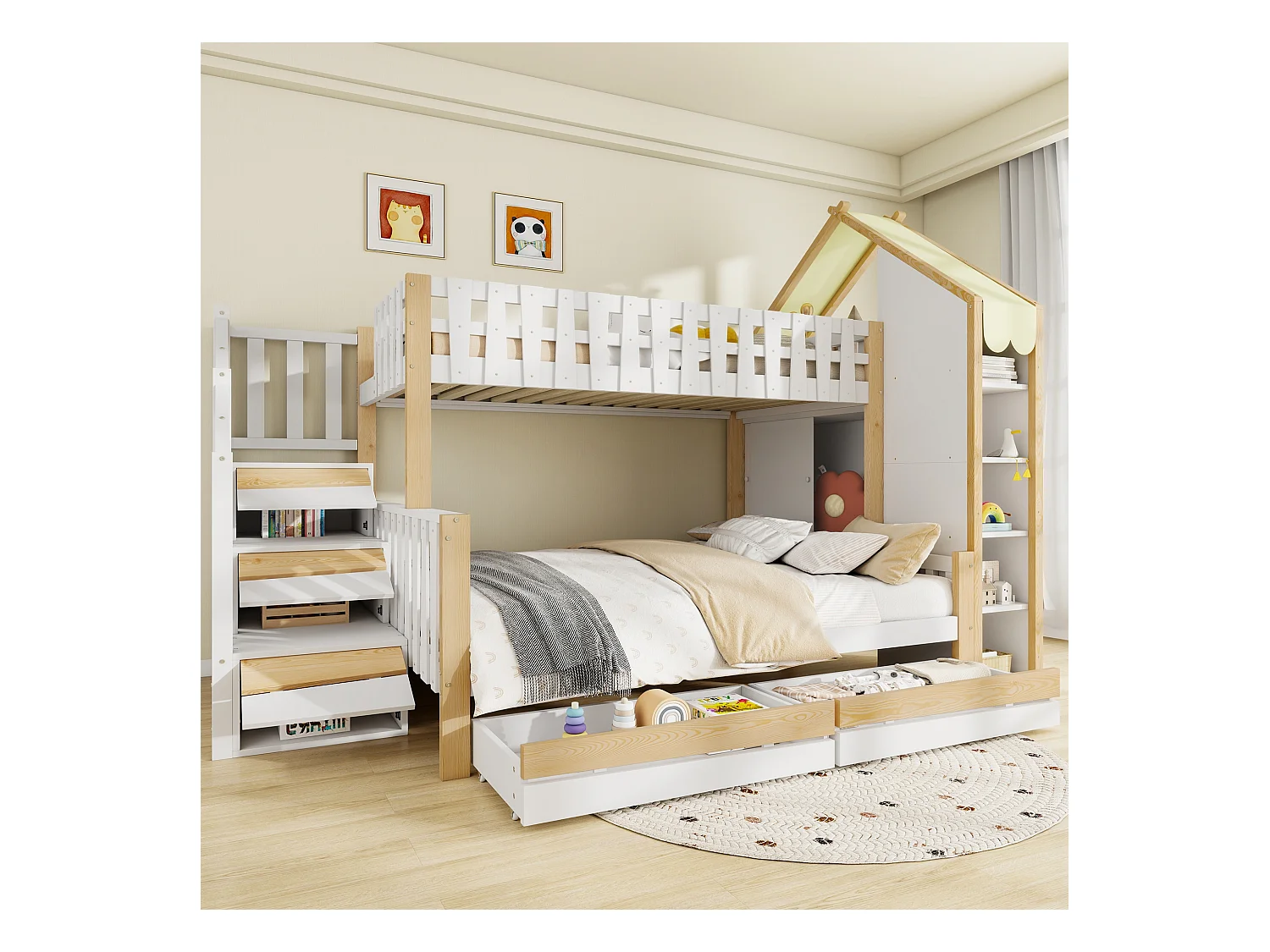 Etagenbett,90x200cm+140x200cm,Bettgitter,Stauraumleiter, Hausleiste, 2 Schubladen