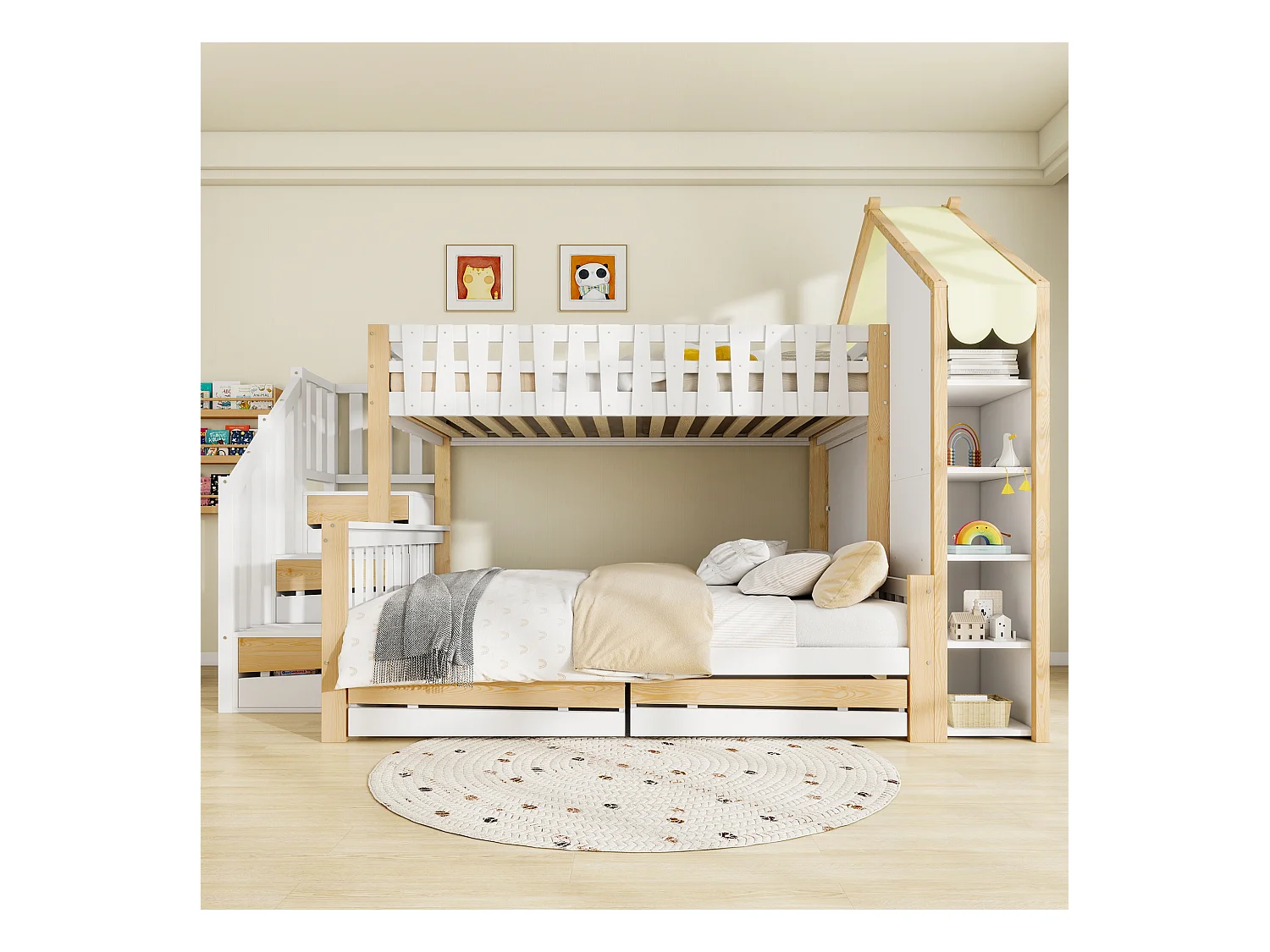 Etagenbett,90x200cm+140x200cm,Bettgitter,Stauraumleiter, Hausleiste, 2 Schubladen